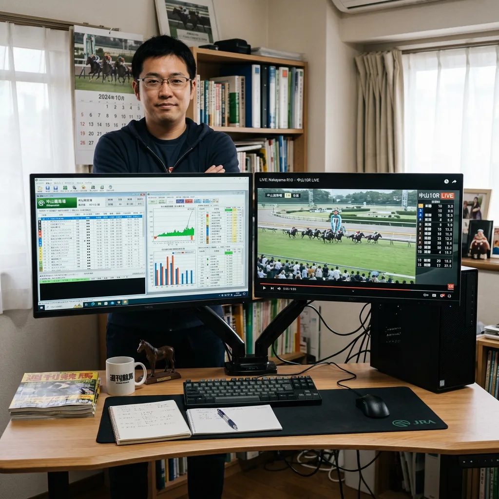 Dual computer monitors displaying horse racing statistics and a live horse race video with a man standing behind them in a home office.