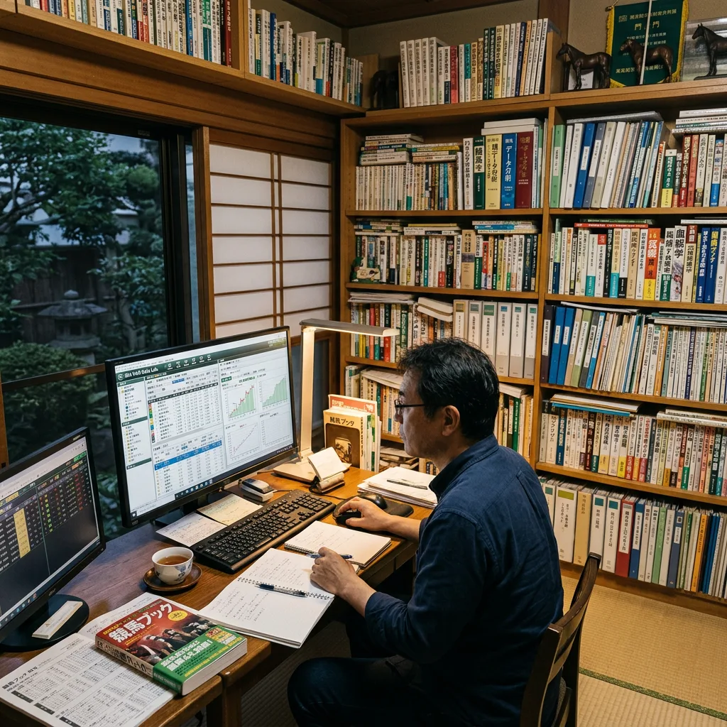 Man seated at desk with dual monitors and bookshelves filled with books