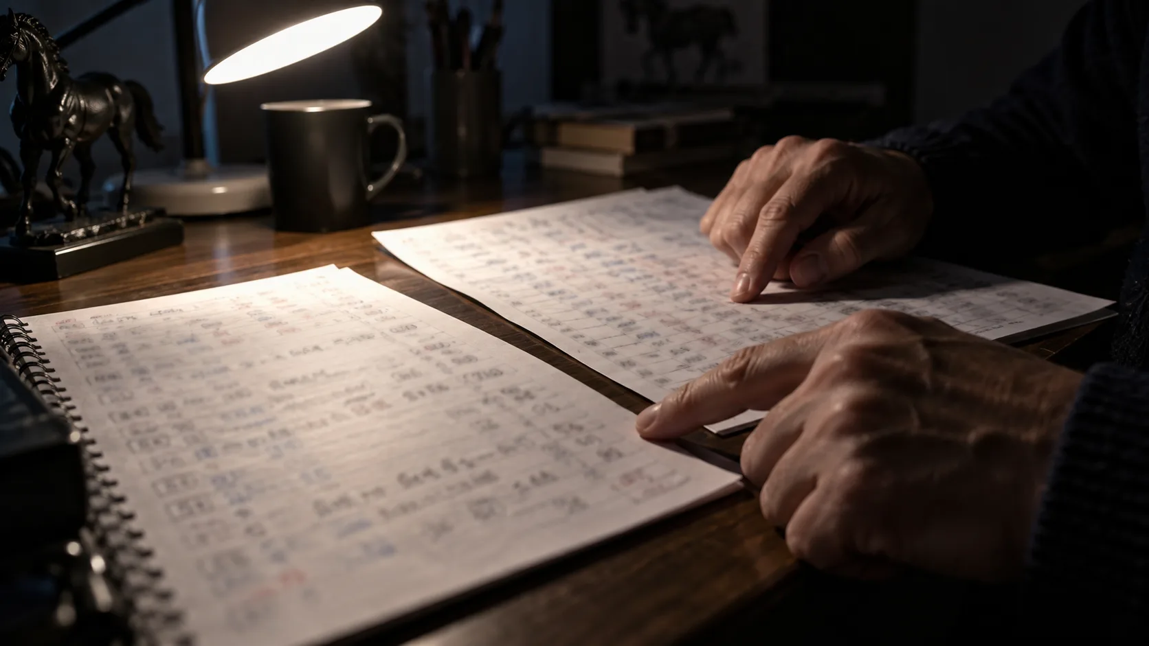 予想時の記録とレース結果を指で照合する手元