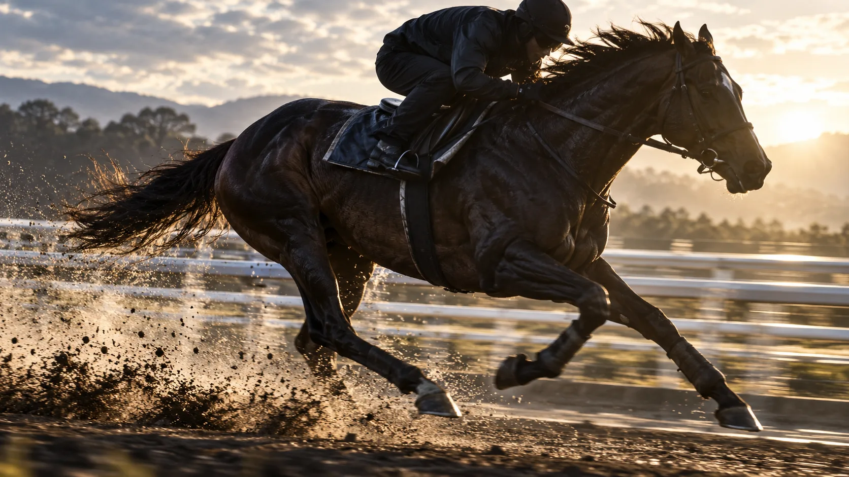 朝の調教場で力強く疾走する競走馬のイメージ