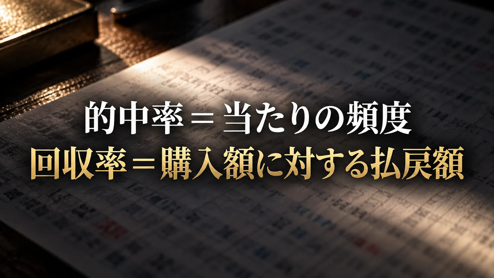 的中率は当たりの頻度、回収率は購入額に対する払戻額と示した解説画像