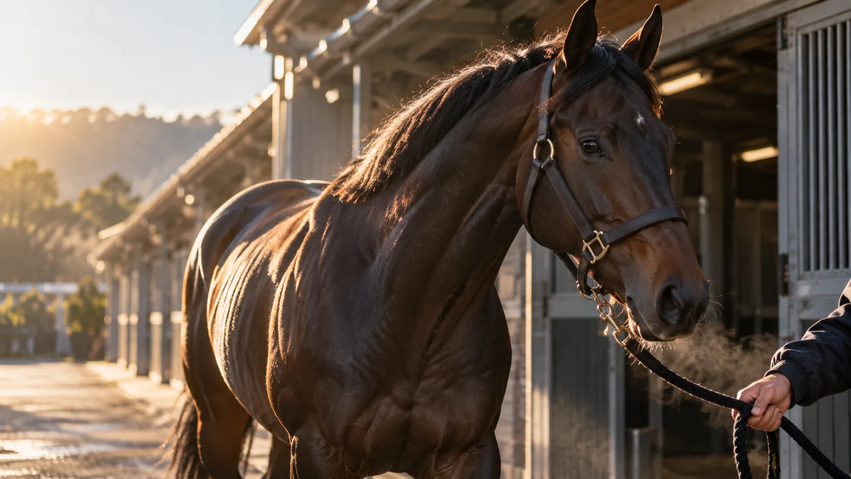 コスモキュランダの好仕上がりを主題に、朝の光で馬の首と肩を捉えたイメージ
