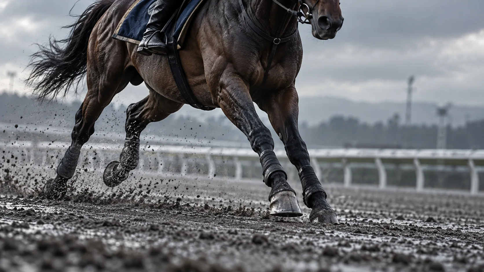 湿って荒れた馬場を踏みしめるセンツブラッドの脚元のイメージ