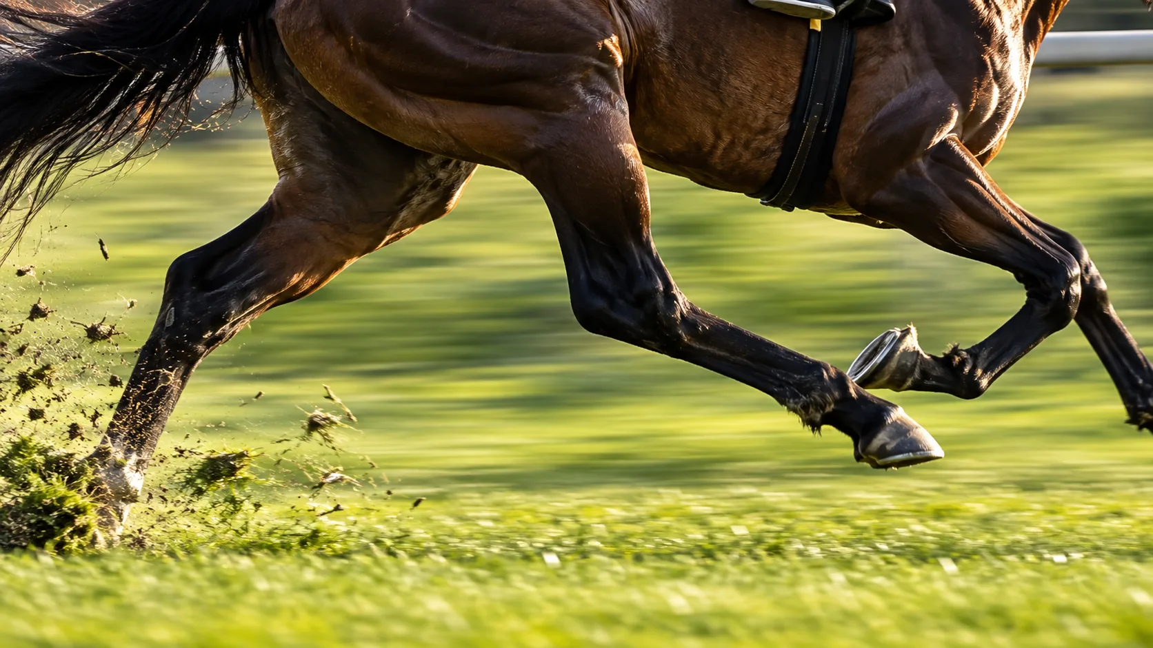 芝の上で大きく脚を伸ばす競走馬の走りのイメージ