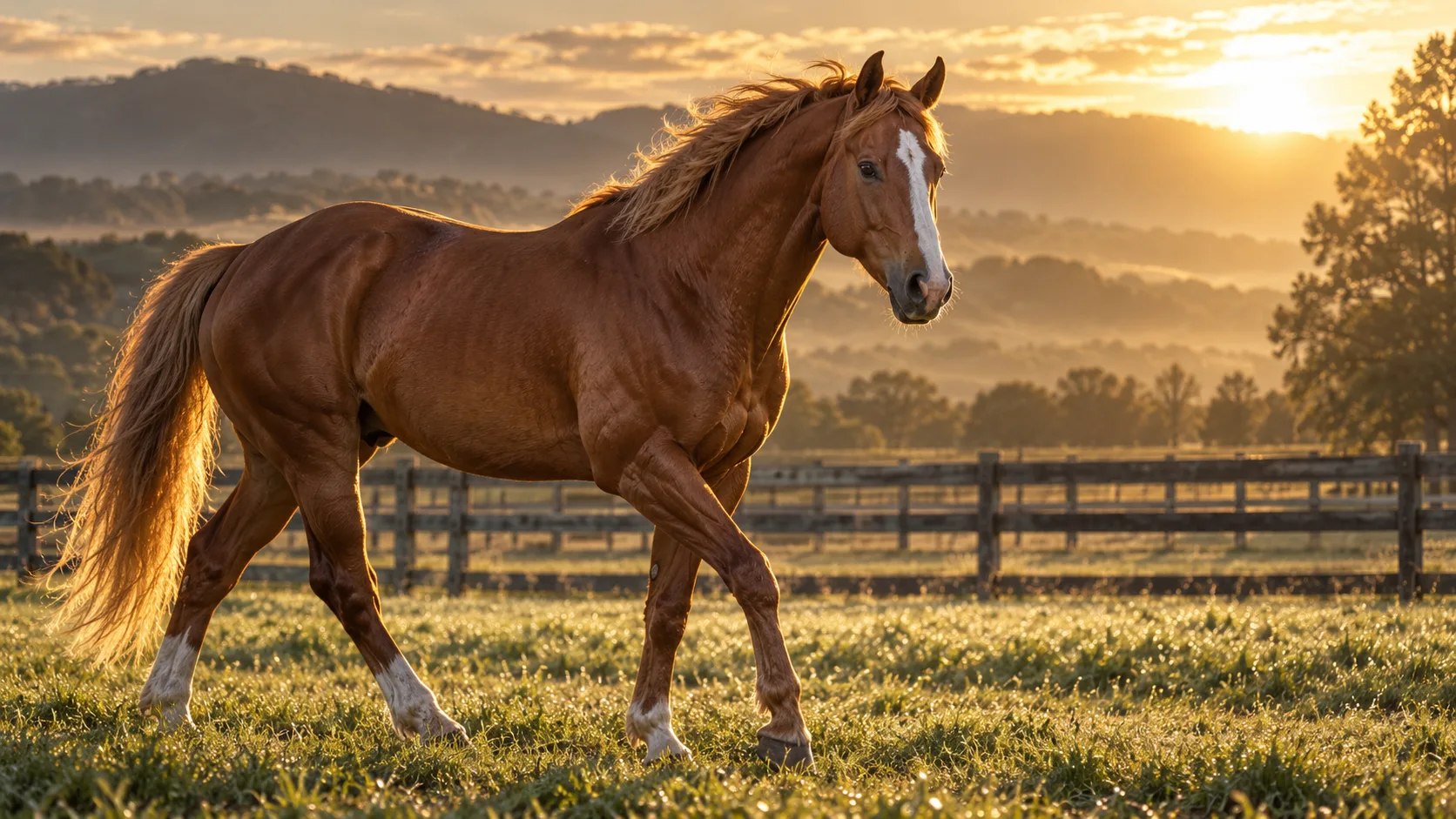 朝の放牧地を穏やかに歩く、種牡馬オルフェーヴルのイメージ