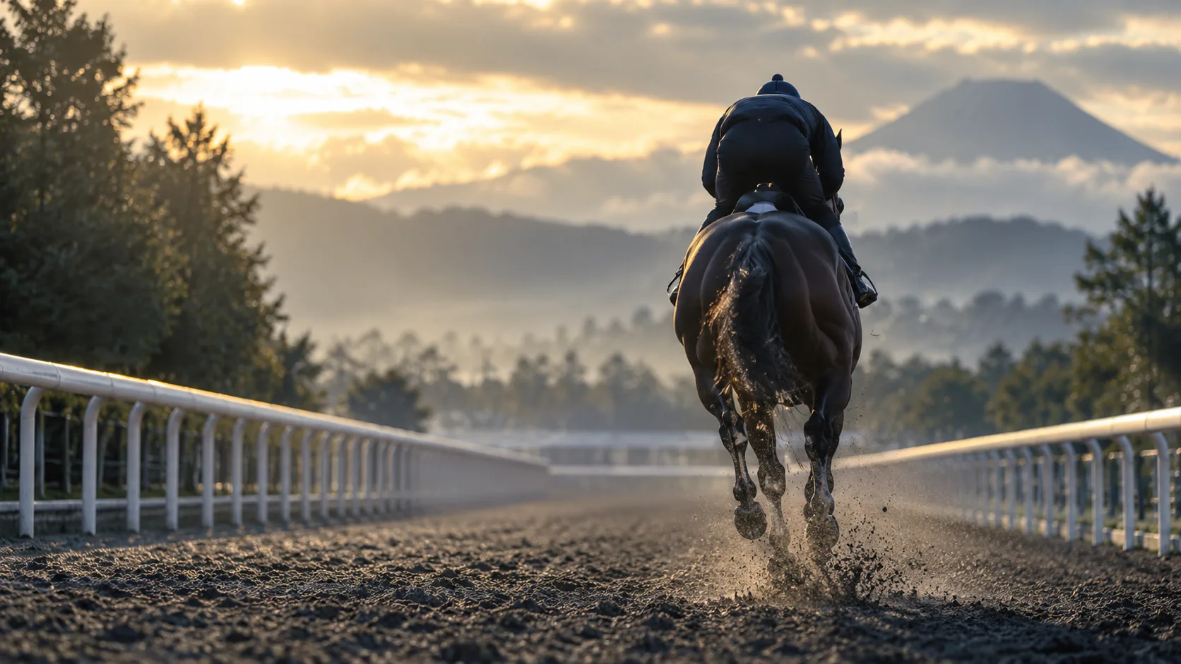 国内最終追い切りをイメージした、調教場の奥へ走る競走馬の後ろ姿