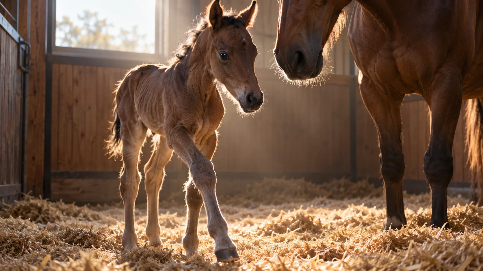 馬房で母馬に見守られながら一歩を踏み出す、オルフェーヴル産駒の仔馬のイメージ