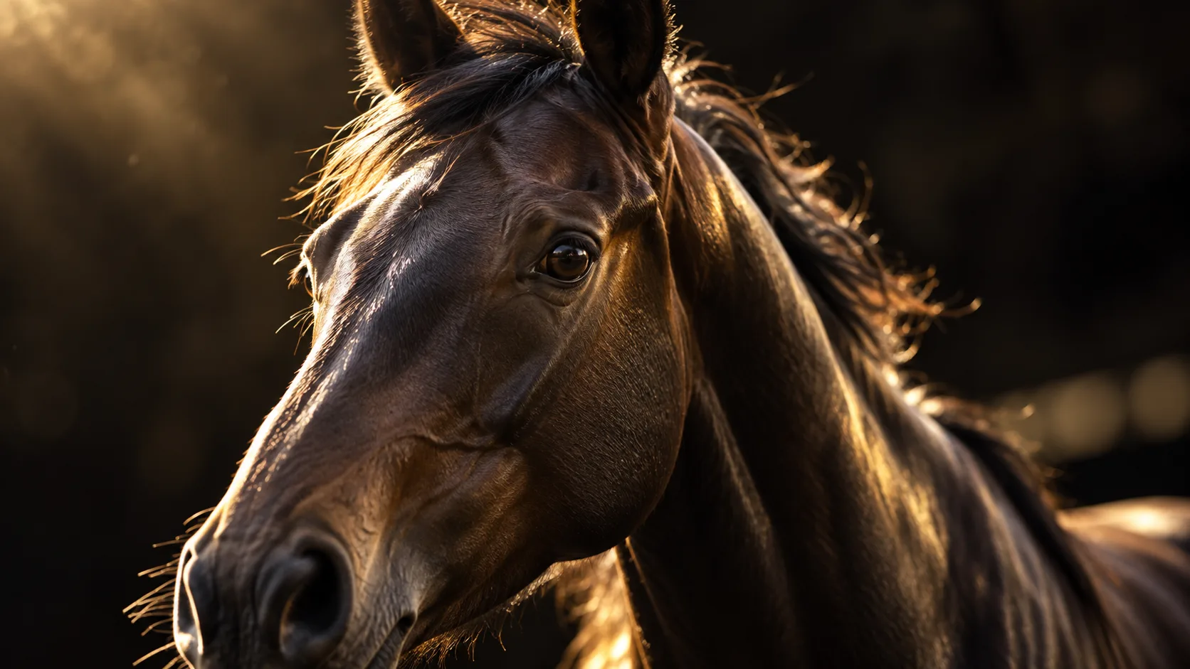 光を受けた若馬の目元と首を大きく捉えた、将来への期待を表すイメージ