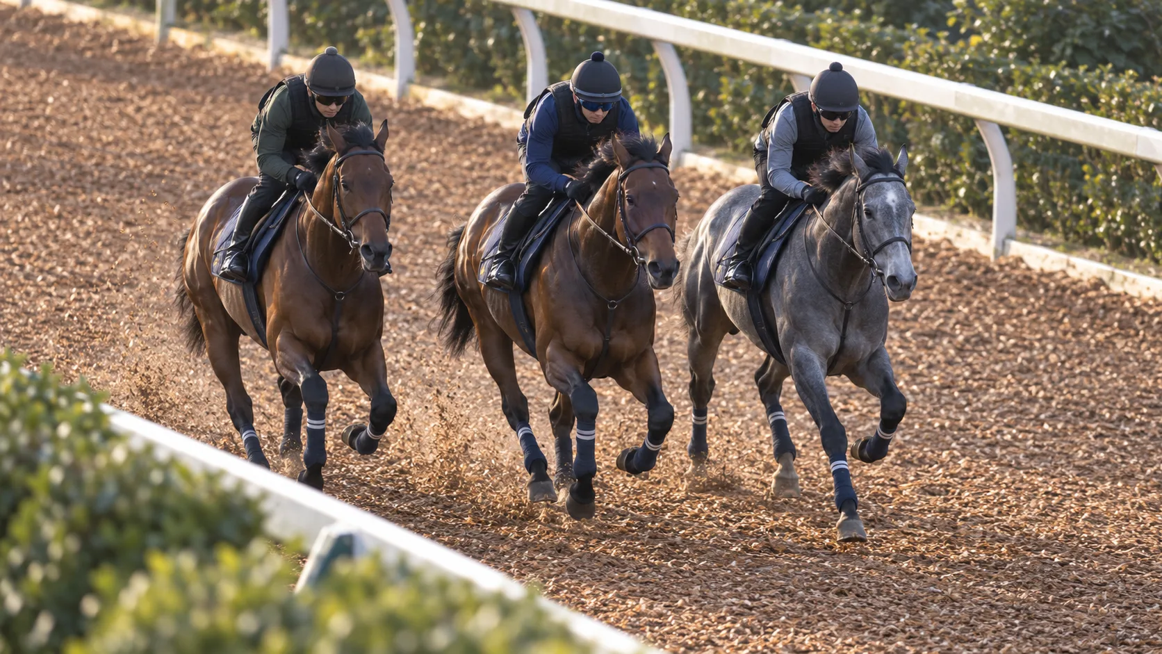 美浦ウッドで僚馬2頭と横に並んで走るアウダーシアの併せ馬イメージ