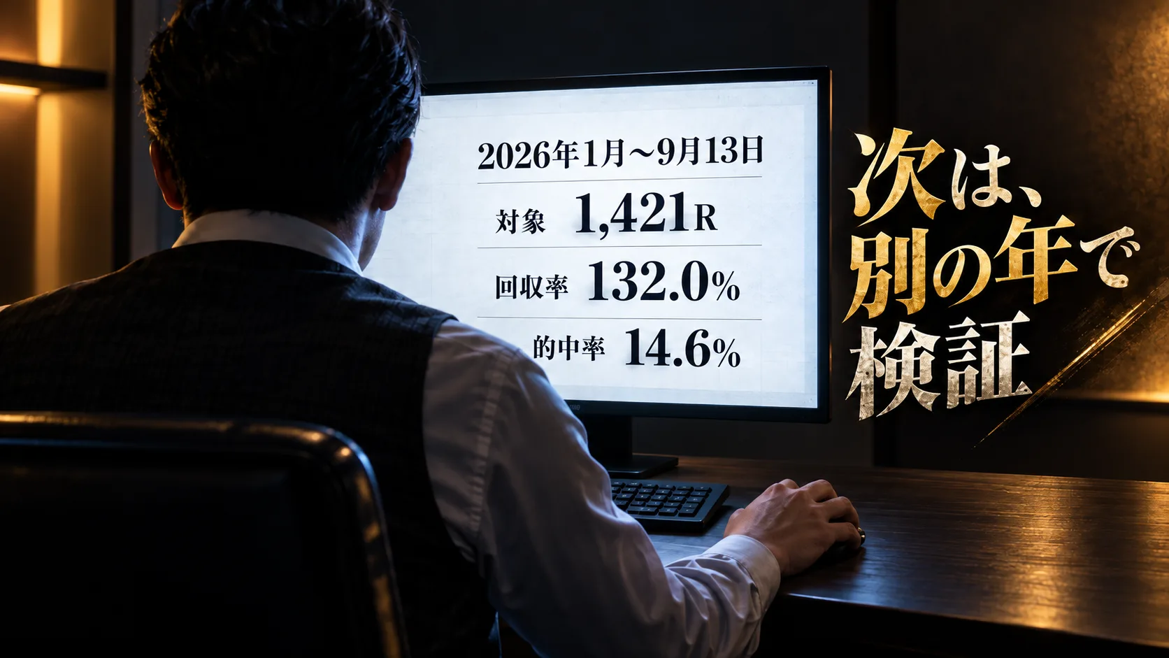 検証担当者を背後から捉え、2026年の結果を確認して別の年の検証へ進む姿を表した情景。