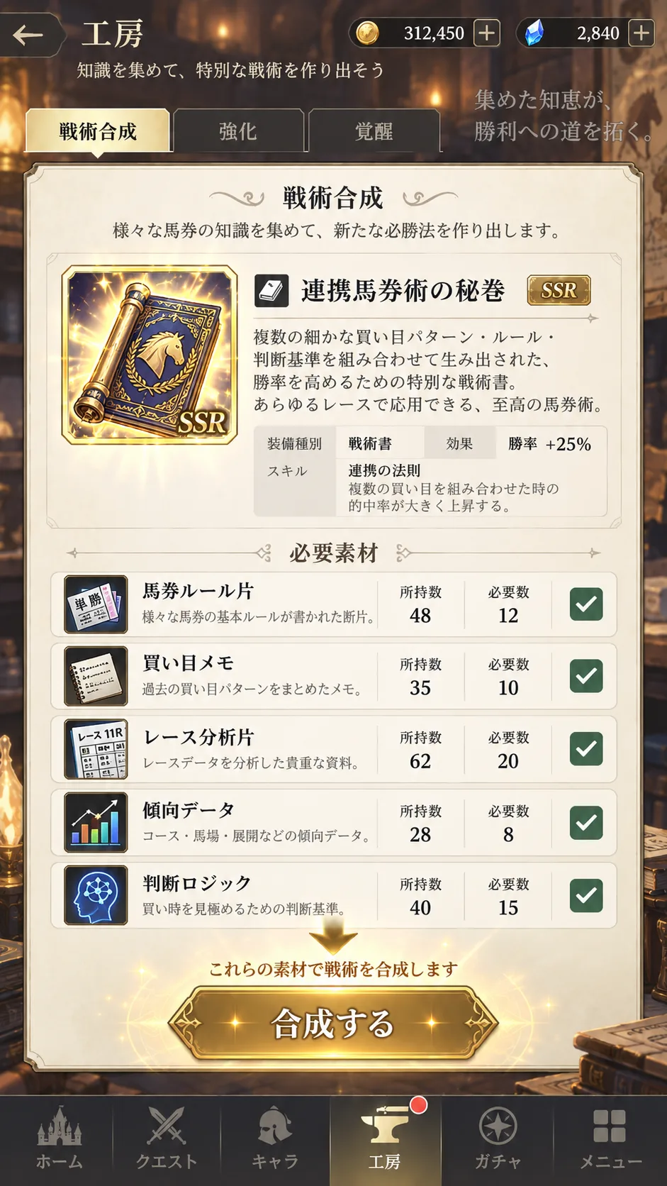複数の馬券知識や分析資料を素材にして新しい馬券術を合成するゲーム風のイメージ