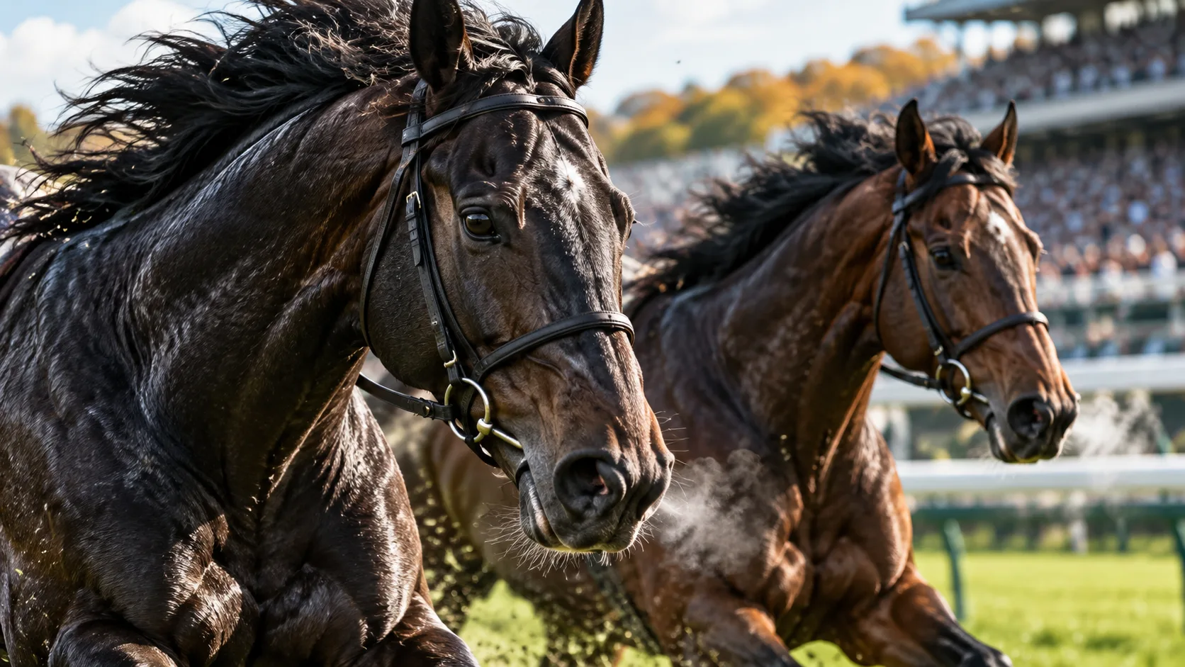 中心2頭の比較を象徴する競走馬の頭部と鋭い視線
