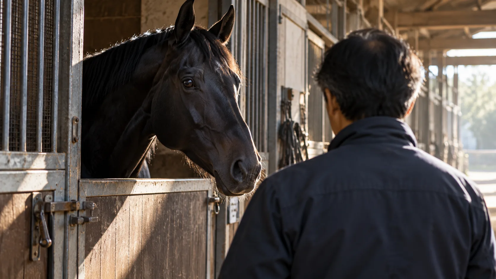 厩舎の馬房から顔を出す馬を、管理者が静かに見守る象徴的な情景