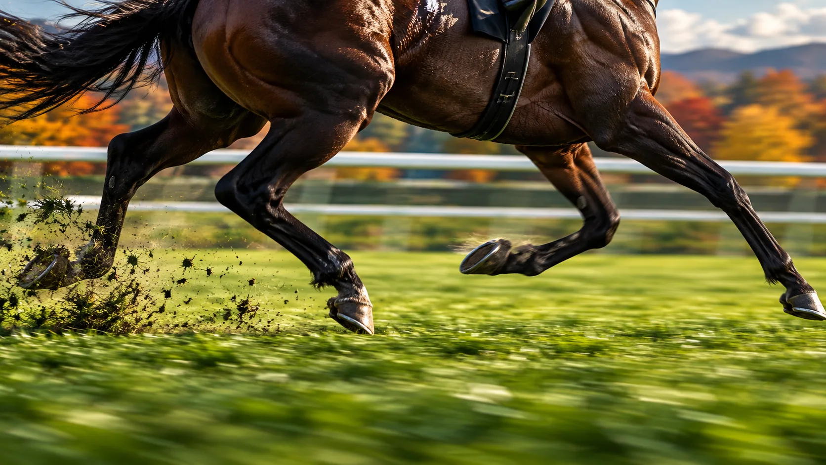 シグレのスピードを表す、芝を蹴って疾走する馬の脚と馬体のイメージ