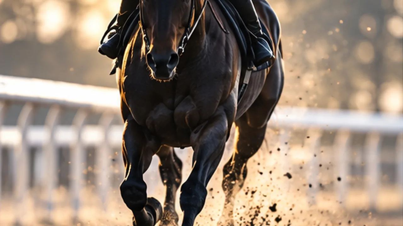 調教走路で前肢を伸ばして走る競走馬の象徴的な近景