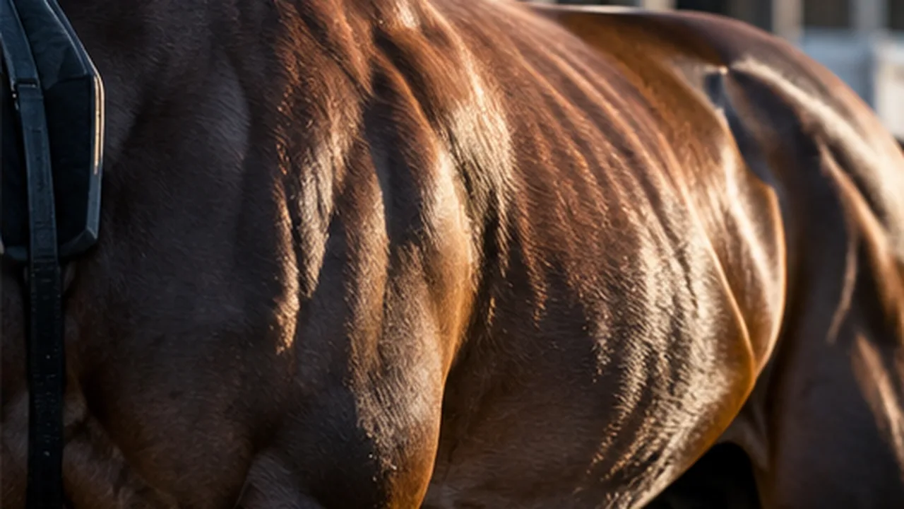 歩く競走馬の肩から腰までを横から捉えた、馬体の張りを意識させる象徴的な画像