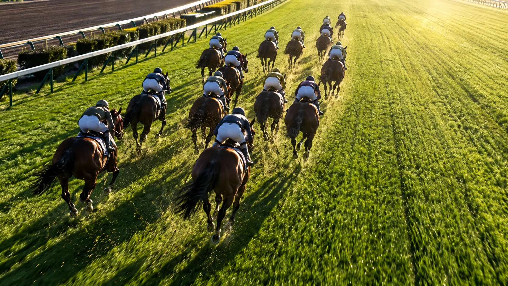 高い視点から見た芝の直線を進む馬群と騎手の姿勢