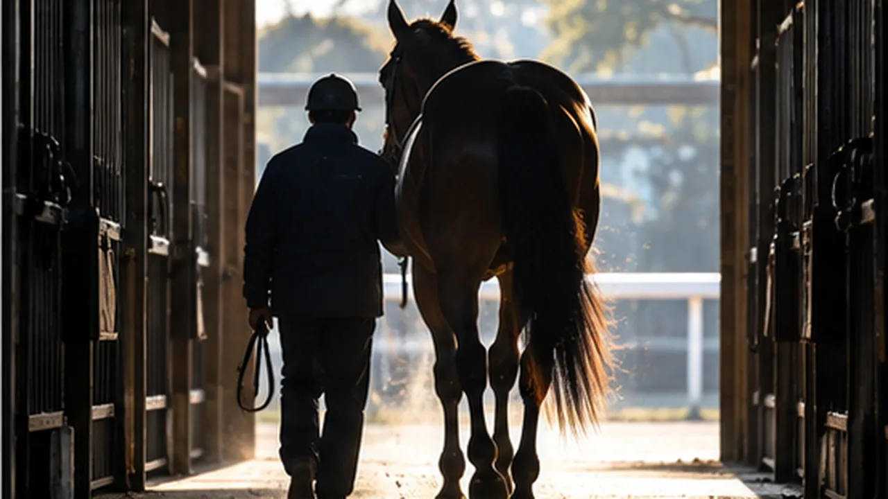 厩舎の通路から明るい馬道へ歩み出す馬とスタッフの象徴的な情景